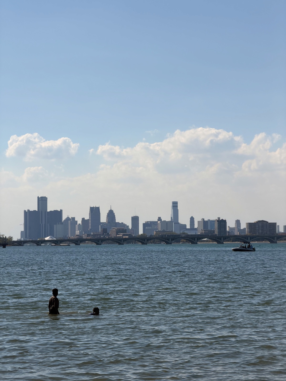 The Detroit skyline seen from the water on a summer day