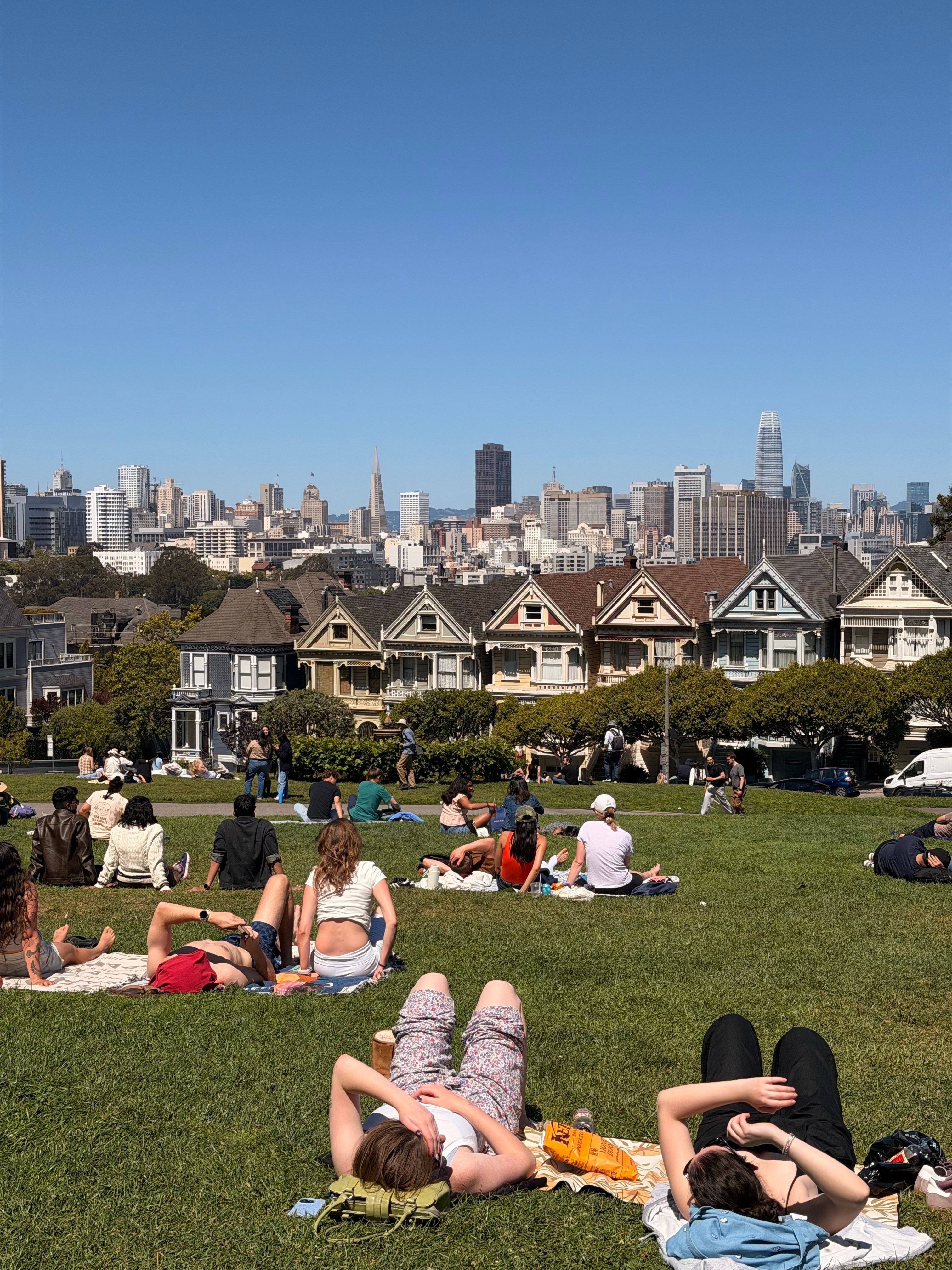 The Painted Ladies Victorian houses at Alamo Square with the San Francisco skyline behind them