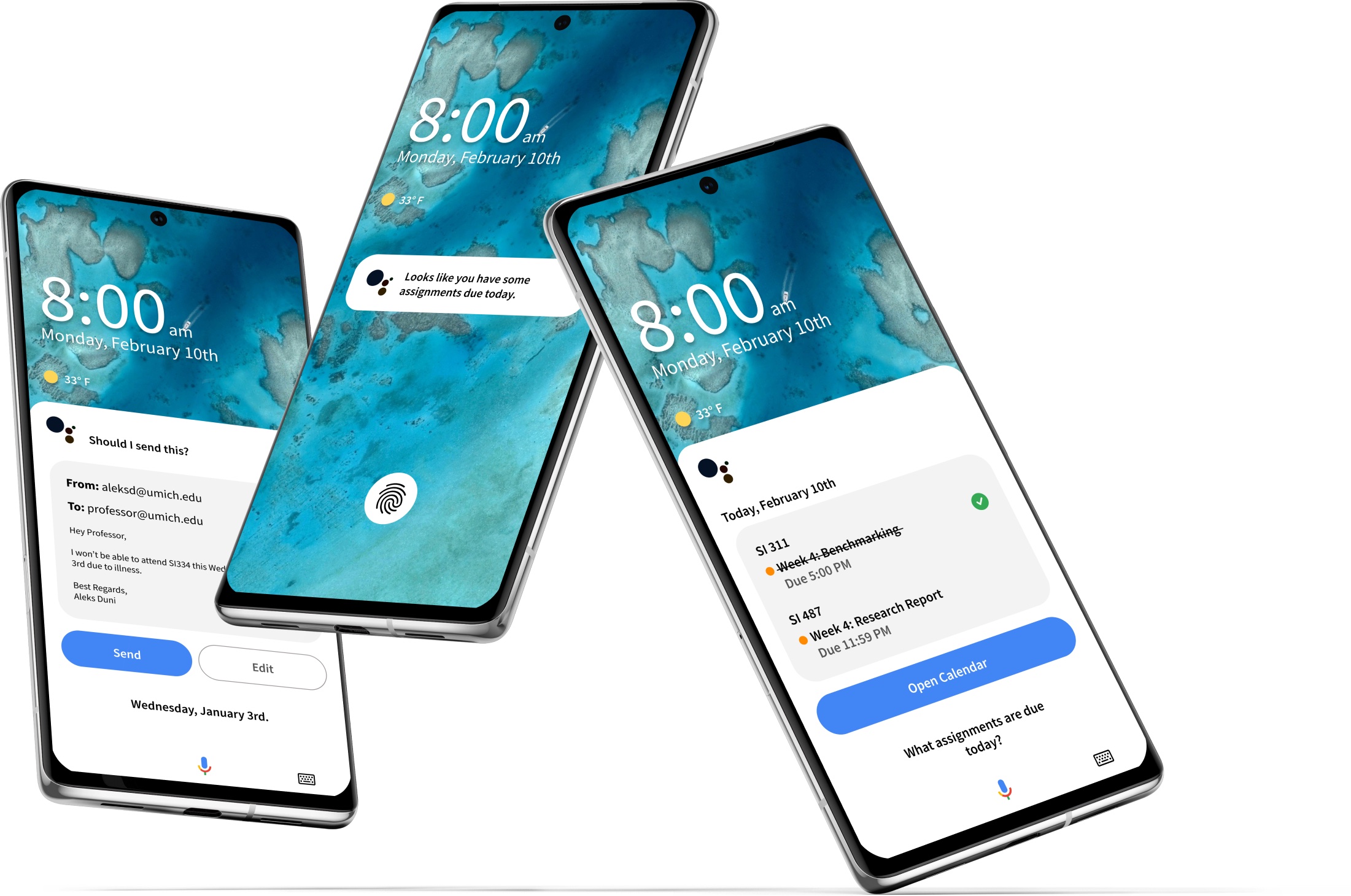 Three Pixel phones showing the high-fidelity Google Assistant prototype with Canvas assignments, reminders, and a professor email flow