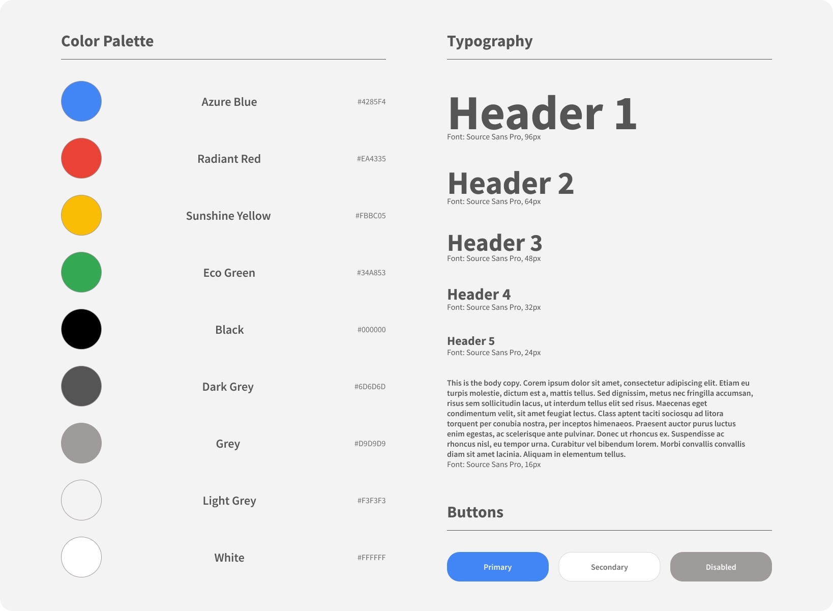 Style guide with Google's color palette, Source Sans Pro type scale, and button styles