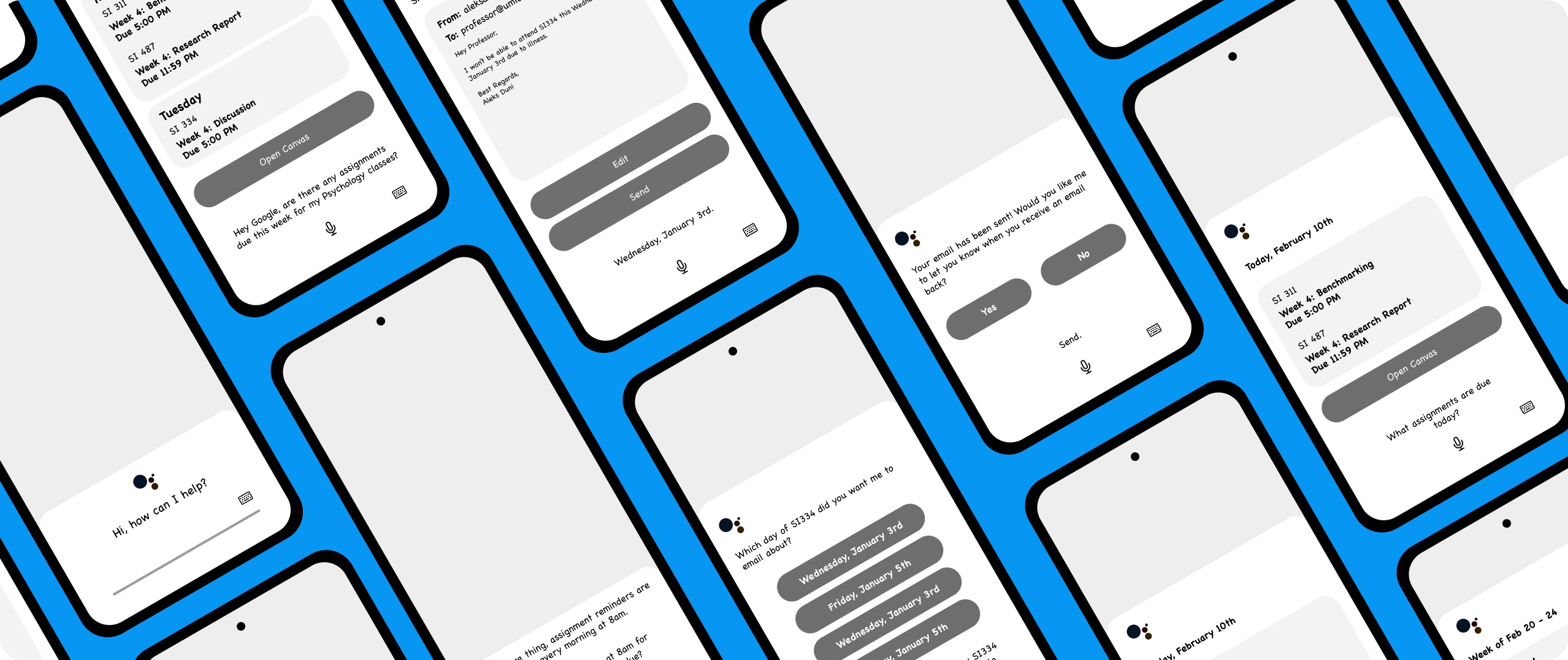 Grid of grayscale wireframe phone screens laying out the Canvas integration conversations