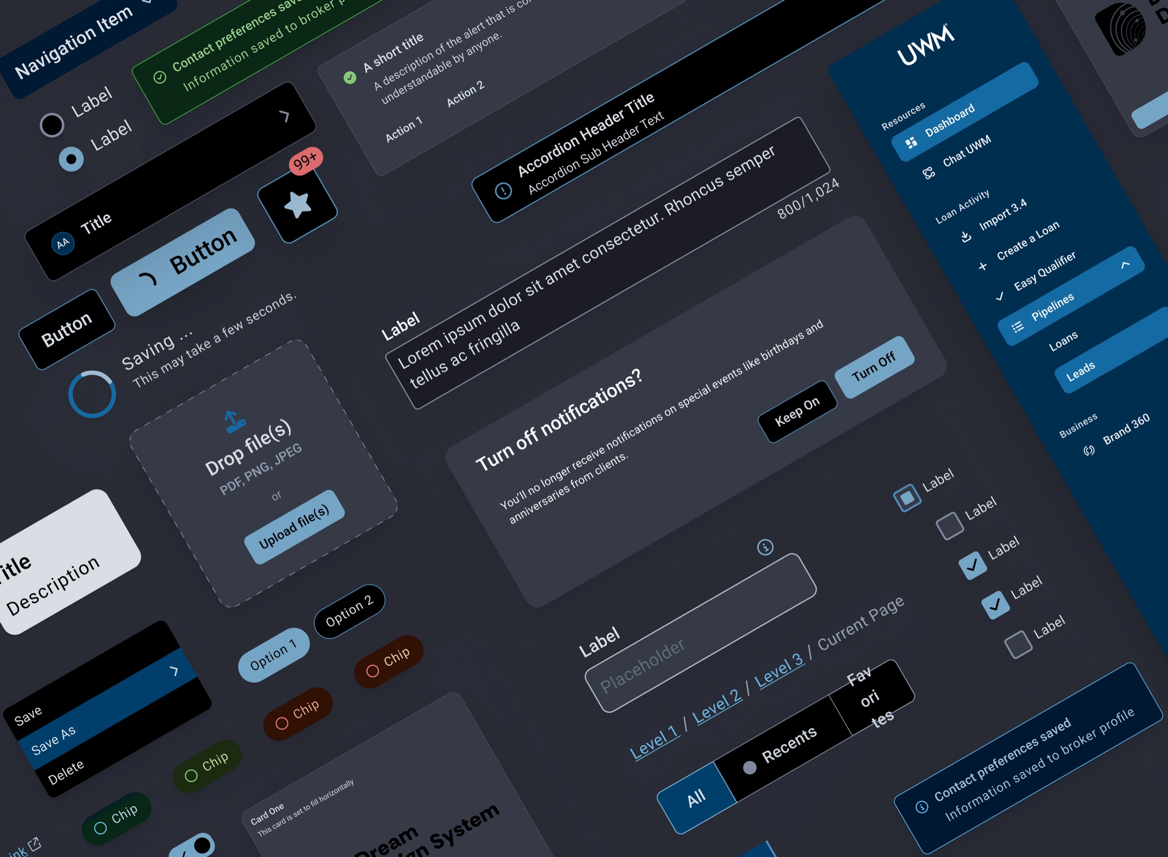 A collage of Dream Design System components in dark theme: navigation, buttons, accordions, form fields, toggles, and chips