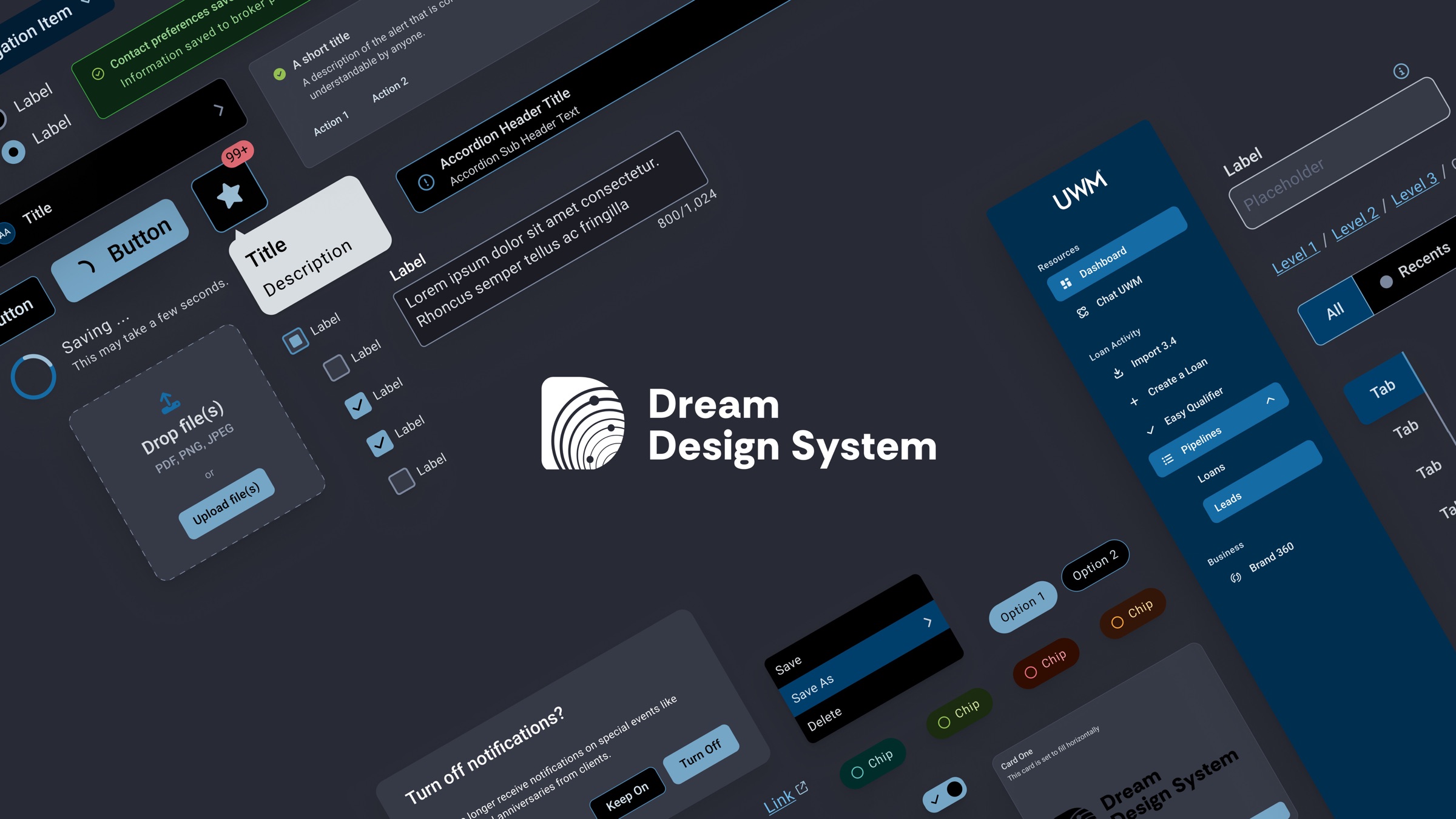 Collage of Dream Design System UI components in dark theme with the Dream logo