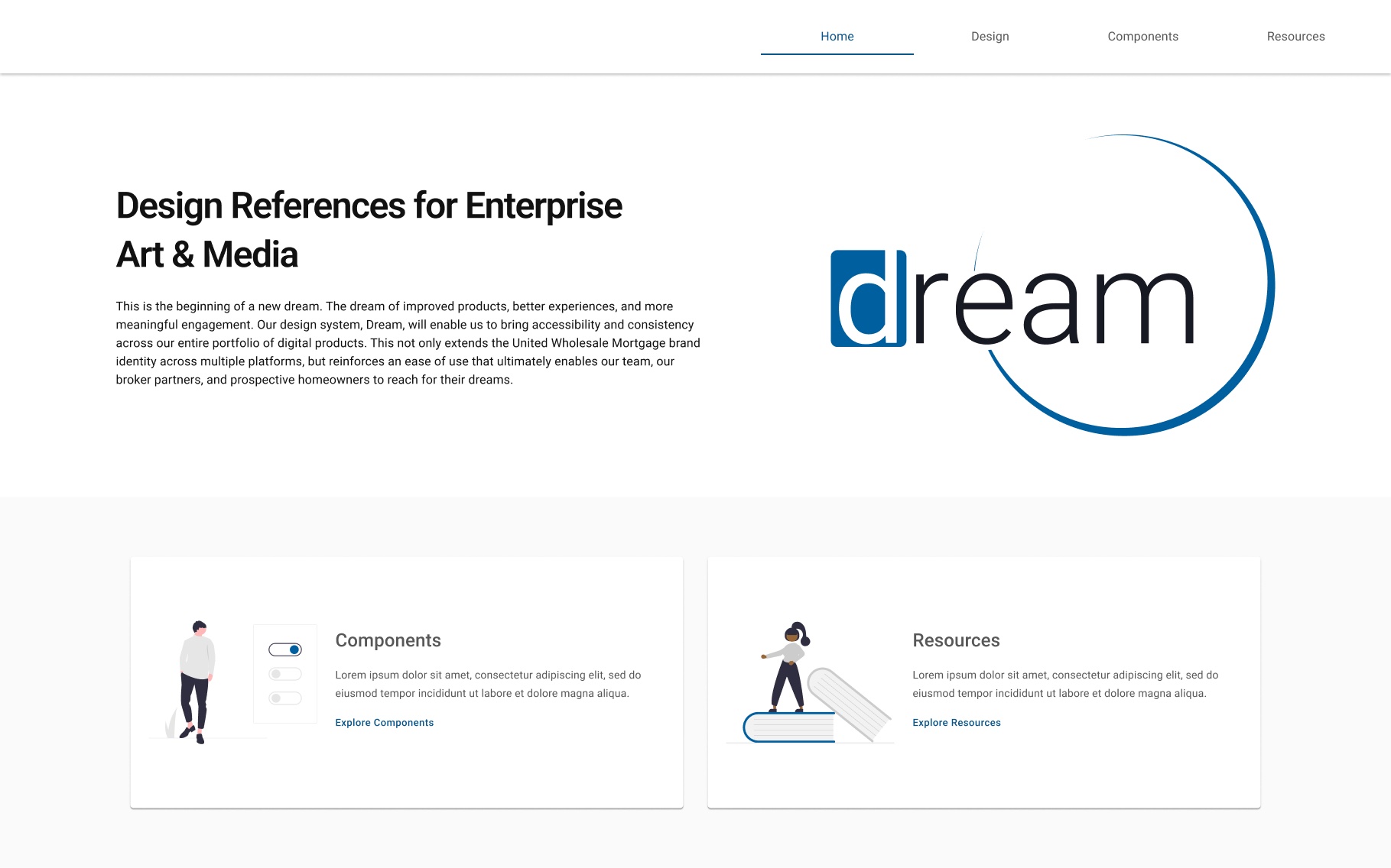 High-fidelity homepage of the UWM design standards website with sections for components and resources