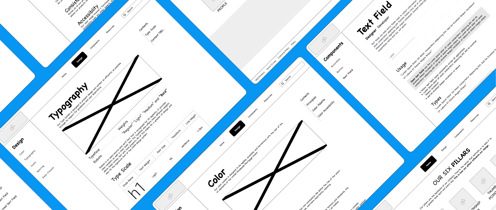Collage of lo-fidelity wireframes for the Typography, Color, Text Field, and pillars pages of the design standards website