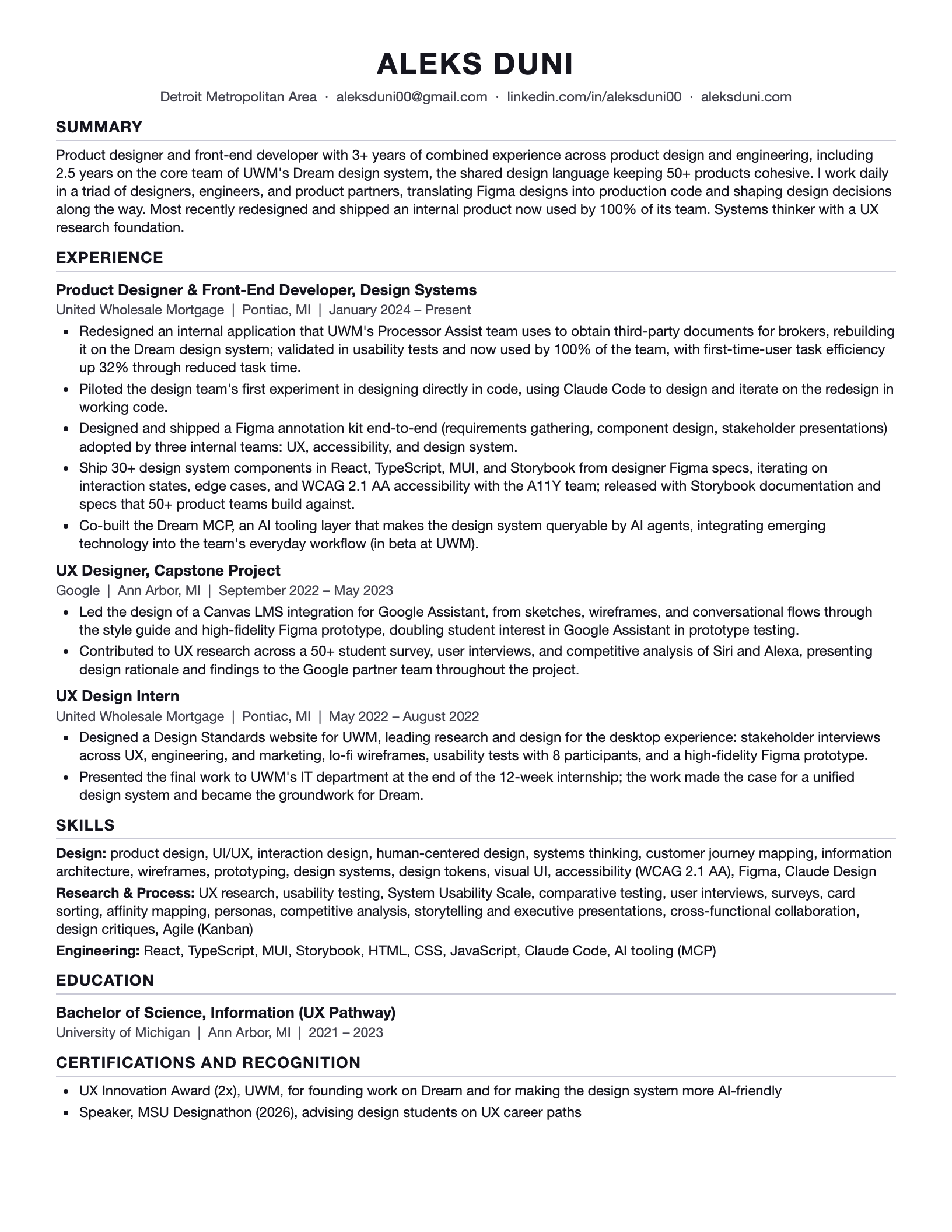 Resume of Aleks Duni, product designer and front-end developer. Use the download button for the PDF version.